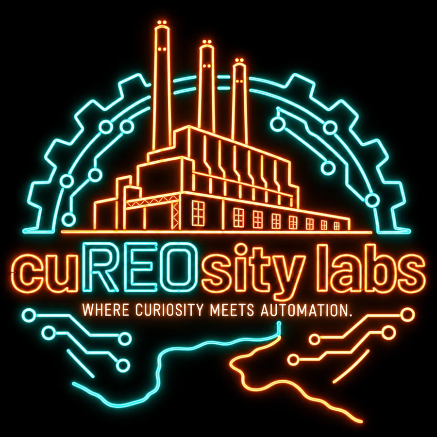 Neon sign of the cuREOsity labs logo: three smokestacks over a factory, framed by a gear and circuit traces, with a cyan river and an amber river meeting below the name.